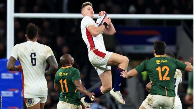 Freddie Steward claims a high ball playing against South Africa