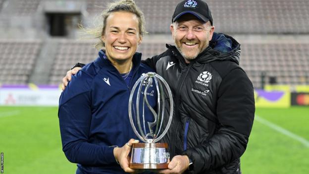 Scotland captain Rachel Malcolm and head coach Bryan Easson with the WXV2 trophy