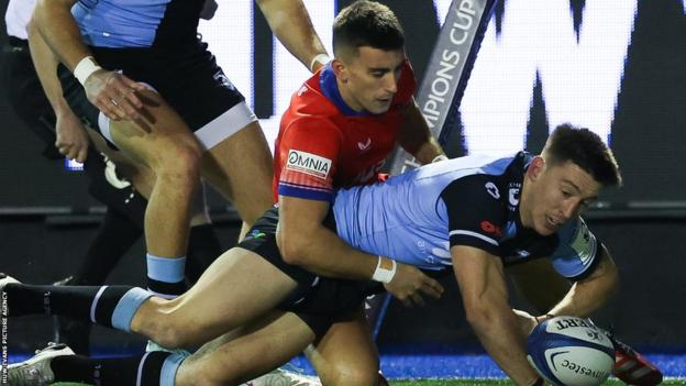 Cardiff wing Josh Adams scores his first try against Bath