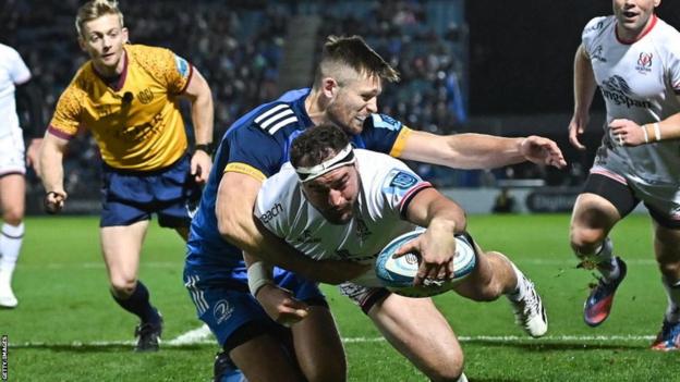 Rob Herring dives over to score a try against Leinster in December 2022