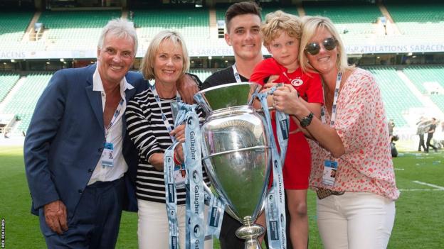 Nigel Wray, left, his wife Linda, son Joe, and Lucy Wray, right, holding the Premiership trophy in 2019