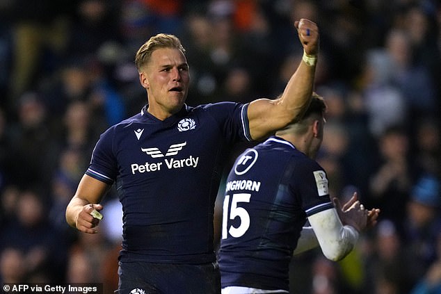 Duhan van der Merwe scored a hat-trick to set off a night of raucous Scottish celebrations