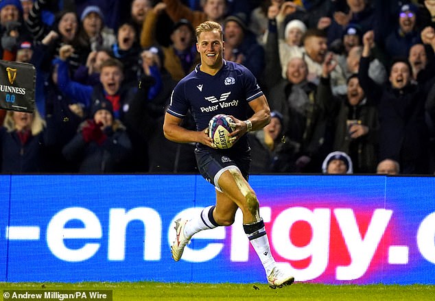 Duhan van der Merwe scored a hat-trick to set off a night of raucous Scottish celebrations