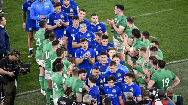 Ireland players applaud Italy off the field after last year's Six Nations game in Rome