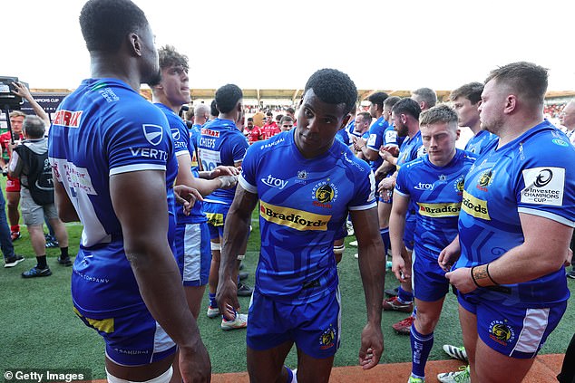 Immanuel Feyi-Waboso of Exeter Chiefs is downcast following the loss to Toulouse