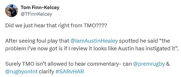 The TMO appeared to be heard suggesting he would not review Lewies clash with Farrell after Healey had highlighted the Harlequins' players' potential foul play