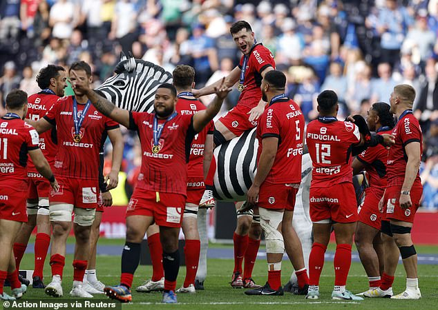 Scotland's Blair Kinghorn was seen riding a model zebra that was placed on the field by sponsors