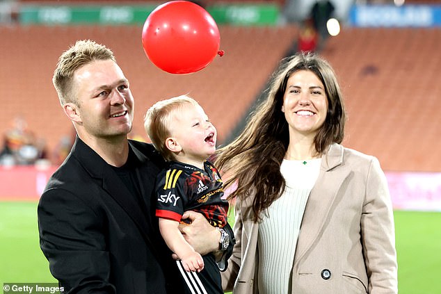 Retired Chiefs player Sam Cane with son Hudson and wife Harriet Cane were at the match