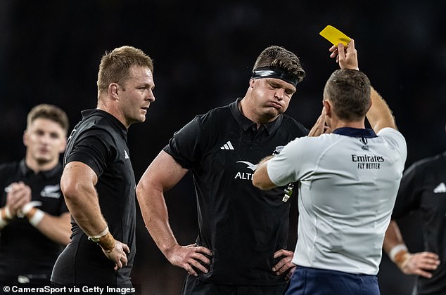 Barrett has been named as captain despite being the first New Zealand player to be sent off twice in Test rugby - pictured received a yellow card which was later upgraded to a red