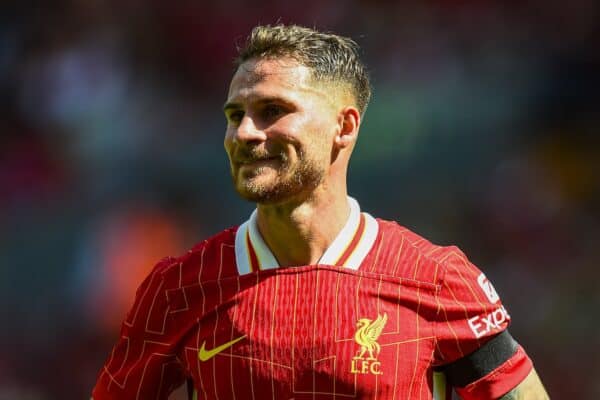 LIVERPOOL, ENGLAND - Sunday, August 11, 2024: Liverpool's Alexis Mac Allister during a pre-season friendly match between Liverpool FC and Sevilla FC at Anfield. (Photo by David Rawcliffe/Propaganda)