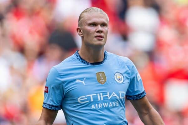 LONDON, ENGLAND - Saturday, August 10, 2024: Manchester City's Erling Haaland during the FA Community Shield match between Manchester City FC and Manchester United FC at Wembley Stadium. (Photo by David Rawcliffe/Propaganda)