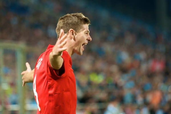 MARSEILLE, FRANCE - Tuesday, September 16, 2008: Liverpool's captain Steven Gerrard MBE celebrates scoring the equalising goal against Olympique de Marseille during the opening UEFA Champions League Group D match at the Stade Velodrome. (Photo by David Rawcliffe/Propaganda)