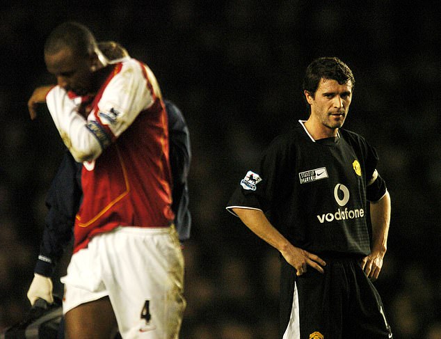 Itoje says he 'loved' Vieira's battles with Manchester United icon Roy Keane (right)