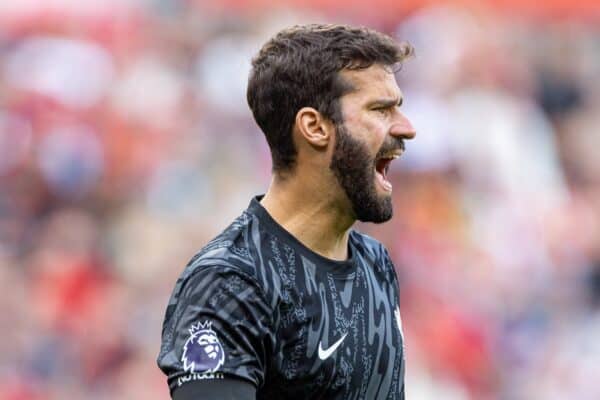 LIVERPOOL, ENGLAND - Saturday, September 14, 2024: Liverpool's goalkeeper Alisson Becker during the FA Premier League match between Liverpool FC and Nottingham Forest FC at Anfield. (Photo by David Rawcliffe/Propaganda)