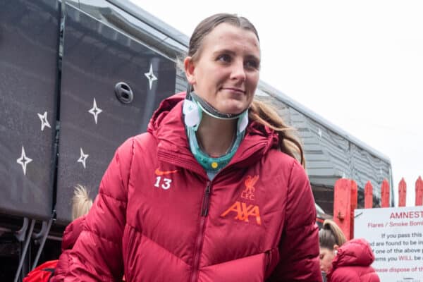 BRISTOL, ENGLAND - Sunday, April 3, 2022: Liverpool's goalkeeper Rylee Foster arrives before the FA Women’s Championship Round 20 match between Bristol City FC Women and Liverpool FC Women at Ashton Gate. Liverpool won 4-2. (Pic by Geoff Caddick/Propaganda)