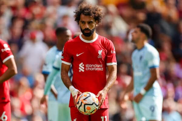 LIVERPOOL, ENGLAND - Saturday, August 19, 2023: Liverpool's Mohamed Salah prepares to take a penalty during the FA Premier League match between Liverpool FC and AFC Bournemouth at Anfield. (Pic by David Rawcliffe/Propaganda)