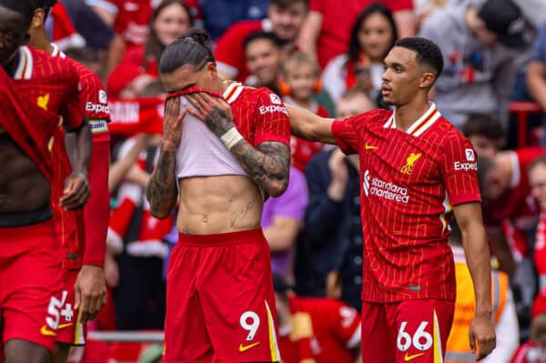 LIVERPOOL, ENGLAND - Saturday, September 21, 2024: Liverpool's Darwin Núñez celebrates after scoring the third goal during the FA Premier League match between Liverpool FC and AFC Bournemouth at Anfield. (Photo by David Rawcliffe/Propaganda)