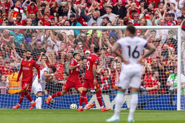 LIVERPOOL, ENGLAND - Saturday, September 21, 2024: Liverpool's Luis Díaz celebrates after scoring the second goal during the FA Premier League match between Liverpool FC and AFC Bournemouth at Anfield. (Photo by David Rawcliffe/Propaganda)