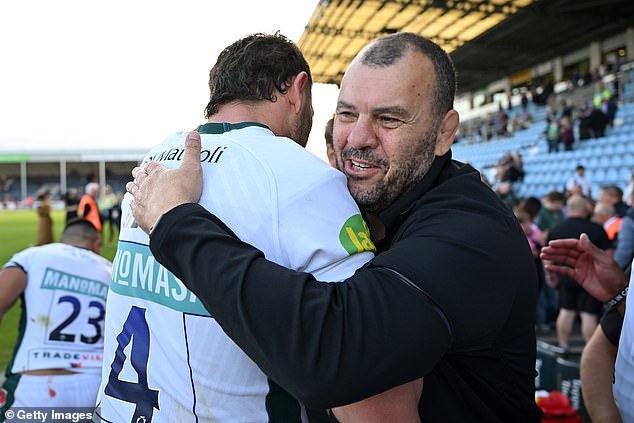 Leicester coach Cheika celebrates with Harry Wells after their win over Exeter