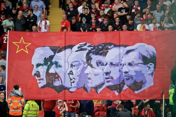 LIVERPOOL, ENGLAND - Friday, August 9, 2019: Liverpool supporters' banner featuring the former managers (L-R) Bill Shankly, Bob Paisley, Joe Fagan, Kenny Dalglish, Rafael Benitez and current manager Jürgen Klopp during the opening FA Premier League match of the season between Liverpool FC and Norwich City FC at Anfield. (Pic by David Rawcliffe/Propaganda)