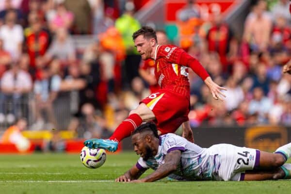 LIVERPOOL, ENGLAND - Saturday, September 21, 2024: AFC Bournemouth's Antoine Semenyo (R) is challenged by Liverpool's Andy Robertson during the FA Premier League match between Liverpool FC and AFC Bournemouth at Anfield. (Photo by David Rawcliffe/Propaganda)