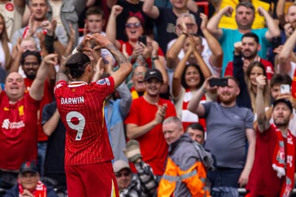 LIVERPOOL, ENGLAND - Saturday, September 21, 2024: Liverpool's Darwin Núñez celebrates after scoring the third goal during the FA Premier League match between Liverpool FC and AFC Bournemouth at Anfield. (Photo by David Rawcliffe/Propaganda)