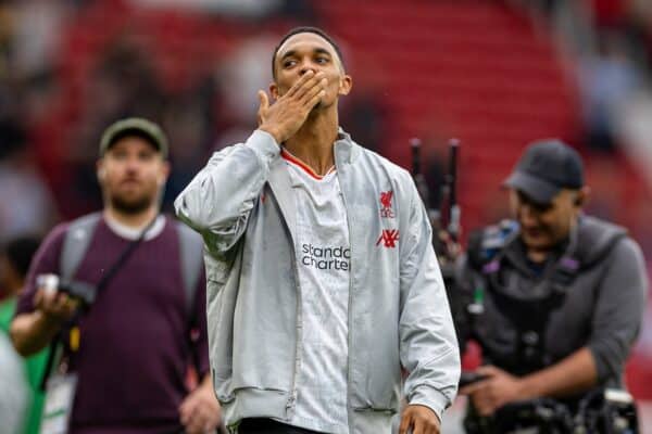 MANCHESTER, ENGLAND - Sunday, September 1, 2024: Liverpool's Trent Alexander-Arnold celebrates after the FA Premier League match between Manchester United FC and Liverpool FC at Old Trafford. Liverpool won 3-0. (Photo by David Rawcliffe/Propaganda)