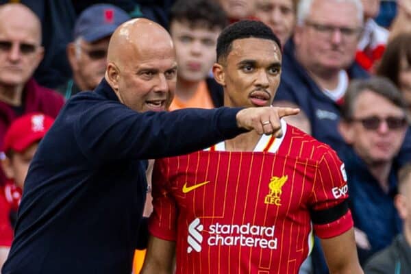 LIVERPOOL, ENGLAND - Saturday, September 14, 2024: Liverpool's head coach Arne Slot gives instructions to Trent Alexander-Arnold during the FA Premier League match between Liverpool FC and Nottingham Forest FC at Anfield. (Photo by David Rawcliffe/Propaganda)