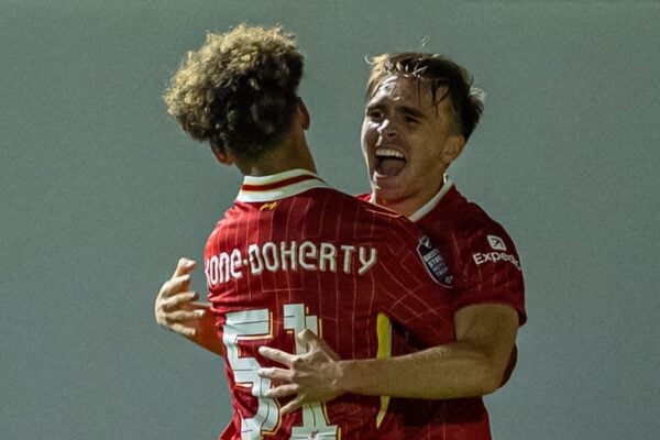 HARROGATE, ENGLAND - Monday, September 23, 2024: Liverpool's James Norris (R) celebrates with team-mate Trent Kone-Doherty after scoring the first equalising goal during the English Football League Trophy Northern Group E match between Harrogate Town AFC and Liverpool FC Under-21's at Wetherby Road. (Photo by David Rawcliffe/Propaganda)