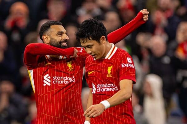 LIVERPOOL, ENGLAND - Wednesday, September 25, 2024: Liverpool's Mohamed Salah celebrates after scoring his side's third goal during the Football League Cup 3rd Round match between Liverpool FC and West Ham United FC at Anfield. (Photo by Ryan Brown/Propaganda)