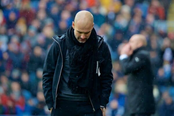 BURNLEY, ENGLAND - Saturday, February 3, 2018: Manchester City's manager Pep Guardiola looks dejected during the FA Premier League match between Burnley FC and Manchester City FC at Turf Moor. (Pic by David Rawcliffe/Propaganda)