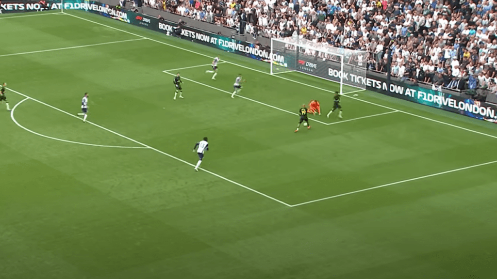 Bryan Mbeumo sees his shot saved from close range against Tottenham