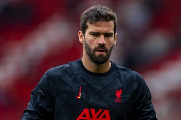 MANCHESTER, ENGLAND - Sunday, September 1, 2024: Liverpool's goalkeeper Alisson Becker during the pre-match warm-up before the FA Premier League match between Manchester United FC and Liverpool FC at Old Trafford. Liverpool won 3-0. (Photo by David Rawcliffe/Propaganda)