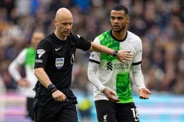 LONDON, ENGLAND - Saturday, April 27, 2024: Referee Anthony Taylor (L) and Liverpool's Cody Gakpo during the FA Premier League match between West Ham United FC and Liverpool FC at the London Stadium. (Photo by David Rawcliffe/Propaganda)