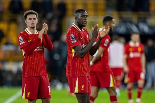 WOLVERHAMPTON, ENGLAND - Saturday, September 28, 2024: Liverpool's Curtis Jones (L) and Ibrahima Konaté applauds the supporters after the FA Premier League match between Wolverhampton Wanderers FC and Liverpool FC at Molineux Stadium. (Photo by David Rawcliffe/Propaganda)