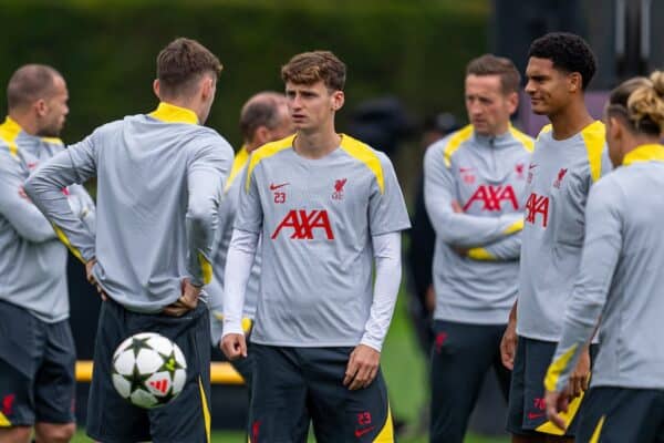 LIVERPOOL, ENGLAND - Monday, September 16, 2024: Liverpool's Tyler Morton during a training session at the AXA Training Centre ahead of the UEFA Champions League match between AC Milan and Liverpool FC. (Photo by Jon Super/Propaganda)