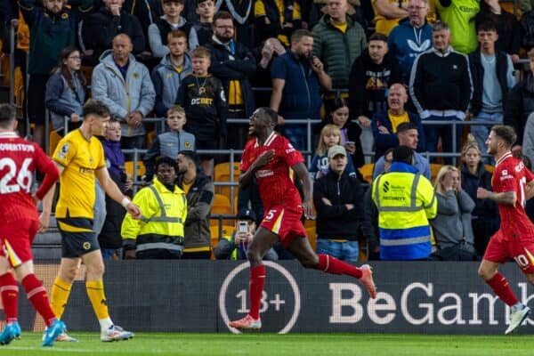 WOLVERHAMPTON, ENGLAND - Saturday, September 28, 2024: Liverpool's Ibrahima Konaté celebrates after scoring the opening goal during the FA Premier League match between Wolverhampton Wanderers FC and Liverpool FC at Molineux Stadium. (Photo by David Rawcliffe/Propaganda)