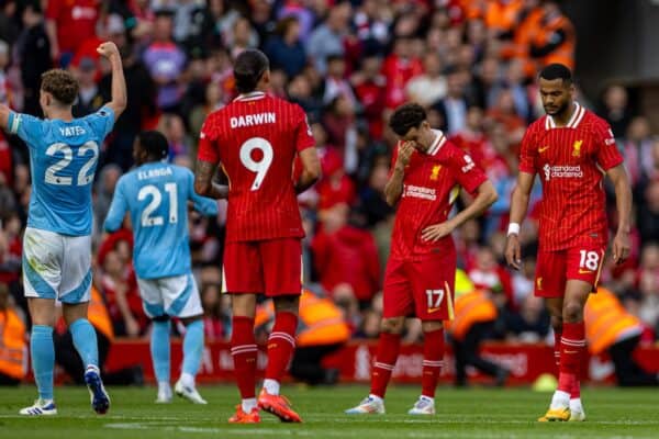 LIVERPOOL, ENGLAND - Saturday, September 14, 2024: Liverpool's Curtis Jones and Cody Gakpo look dejected at the final whistle during the FA Premier League match between Liverpool FC and Nottingham Forest FC at Anfield. Notts Forest won 1-0. (Photo by David Rawcliffe/Propaganda)