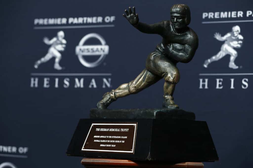 NEW YORK, NY - DECEMBER 09: The Heisman Trophy is displayed at a press conference for the 2017 Heisman Trophy Presentation on December 9, 2017 in New York City. 