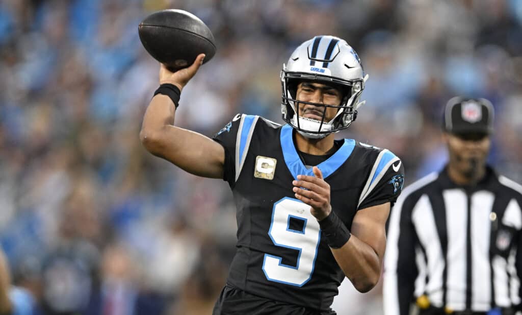 Bryce Young #9 of the Carolina Panthers throws a pass during the second quarter of the game against the Indianapolis Colts at Bank of America Stadium on November 05, 2023 in Charlotte, North Carolina.