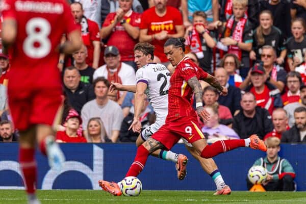 LIVERPOOL, ENGLAND - Saturday, September 21, 2024: Liverpool's Darwin Núñez scores the third goal during the FA Premier League match between Liverpool FC and AFC Bournemouth at Anfield. (Photo by David Rawcliffe/Propaganda)