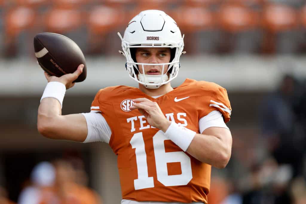 AUSTIN, TEXAS - SEPTEMBER 14: Arch Manning #16 of the Texas Longhorns warms up before the game against the UTSA Roadrunners at Darrell K Royal-Texas Memorial Stadium on September 14, 2024 in Austin, Texas. 