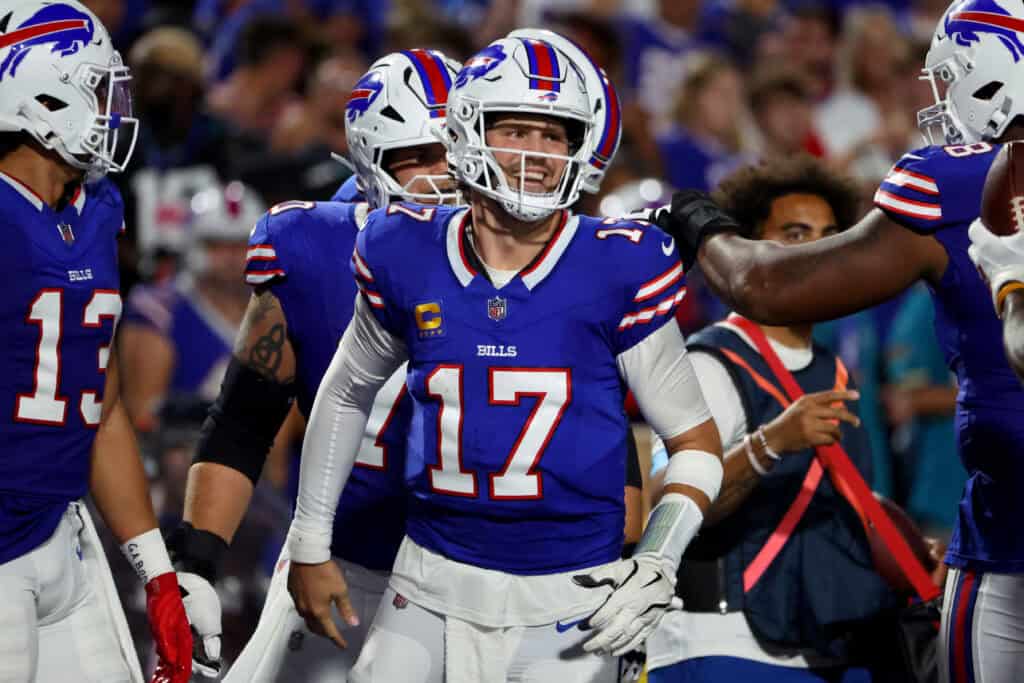 ORCHARD PARK, NEW YORK - SEPTEMBER 23: Josh Allen #17 of the Buffalo Bills celebrates after throwing a touchdown pass during the second quarter against the Jacksonville Jaguars at Highmark Stadium on September 23, 2024 in Orchard Park, New York. 