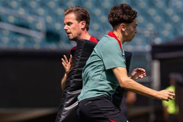 PHILADELPHIA - Sunday, July 28, 2024: Liverpool's lead physical performance coach Ruben Peeters (L) and Luke Chambers during an open training session at Lincoln Financial Field on day five of the club's pre-season tour of the USA. (Photo by David Rawcliffe/Propaganda)