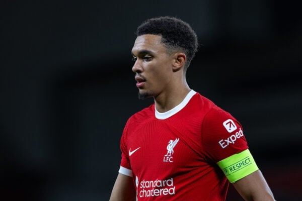 LIVERPOOL, ENGLAND - Thursday, October 5, 2023: Liverpool's captain Trent Alexander-Arnold during the UEFA Europa League Group E matchday 2 game between Liverpool FC and Union SG at Anfield. (Pic by David Rawcliffe/Propaganda)