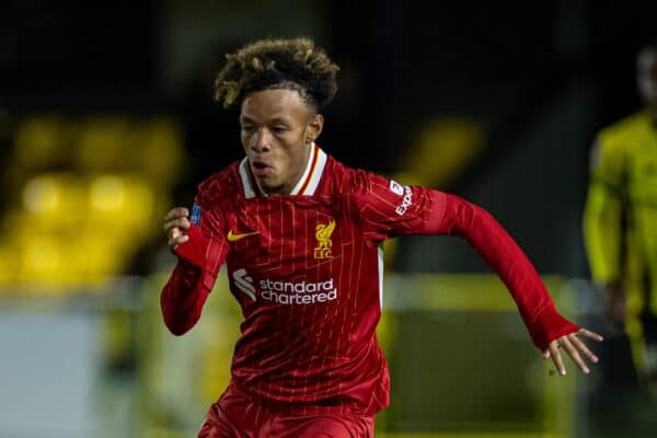 HARROGATE, ENGLAND - Monday, September 23, 2024: Liverpool's Trent Kone-Doherty during the English Football League Trophy Northern Group E match between Harrogate Town AFC and Liverpool FC Under-21's at Wetherby Road. (Photo by David Rawcliffe/Propaganda)