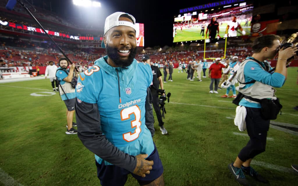 TAMPA, FLORIDA - AUGUST 23: Odell Beckham Jr. #3 of the Miami Dolphins walks off the field during a preseason game against the Tampa Bay Buccaneers at Raymond James Stadium on August 23, 2024 in Tampa, Florida.