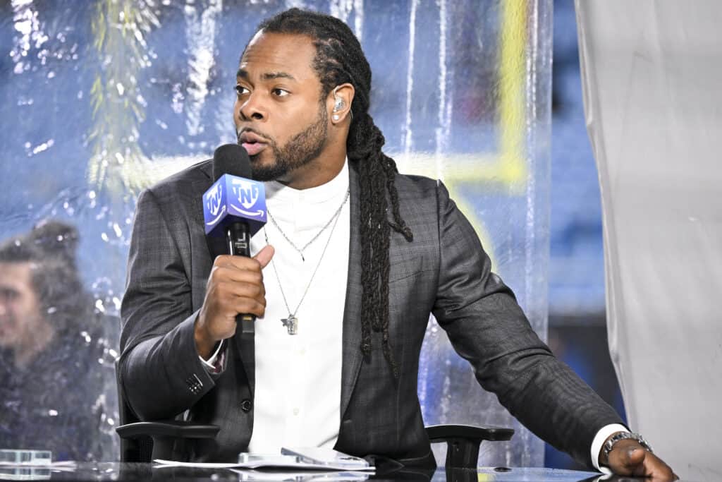 Richard Sherman talks while doing Thursday Night Football Kickoff before the Atlanta Falcons and Carolina Panthers game at Bank of America Stadium on November 10, 2022 in Charlotte, North Carolina.