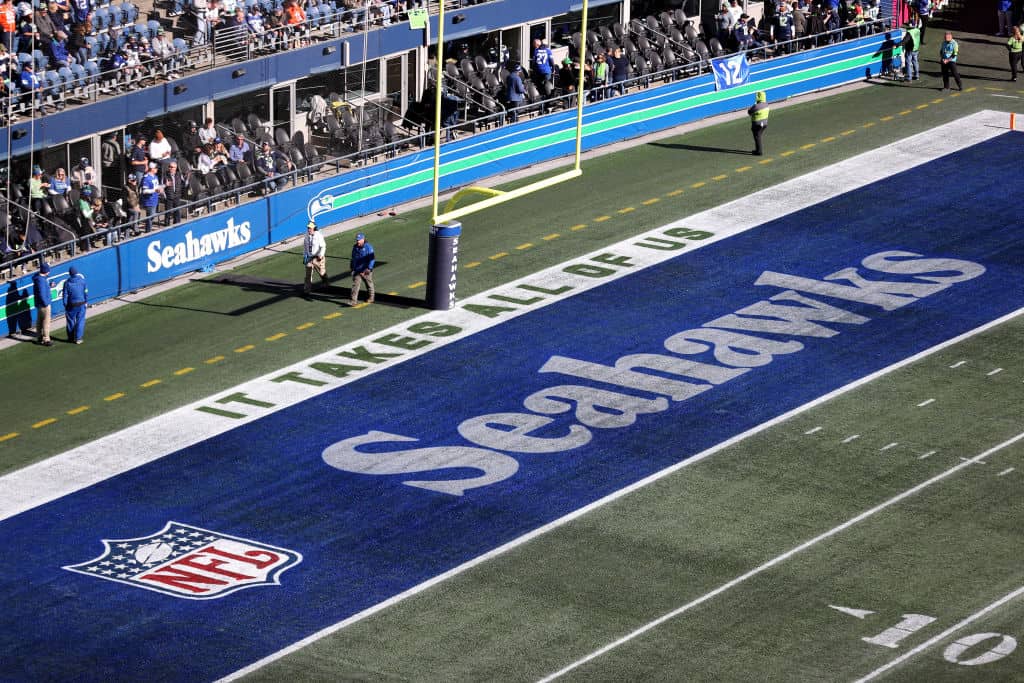 The Seattle Seahawks throwback logo is seen at Lumen Field before the game against the Cleveland Browns on October 29, 2023 in Seattle, Washington.