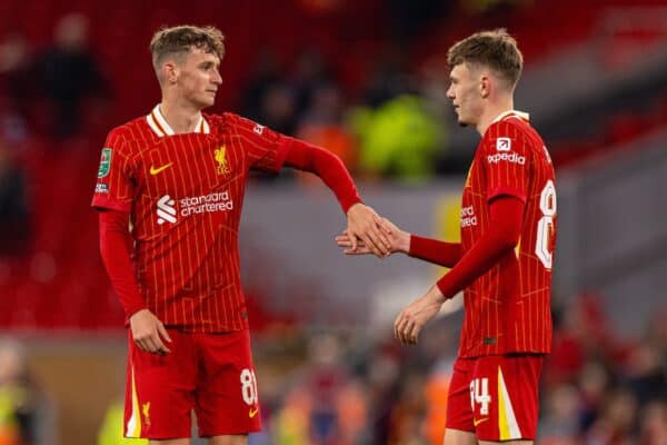 LIVERPOOL, ENGLAND - Wednesday, September 25, 2024: Liverpool's Tyler Morton (L) and Conor Bradley after the Football League Cup 3rd Round match between Liverpool FC and West Ham United FC at Anfield. (Photo by Ryan Brown/Propaganda)